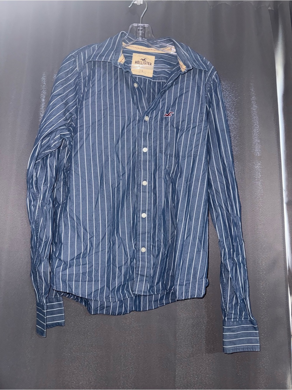 Hollister Men's Navy Blue Vertical Stripe Button-Down Shirt